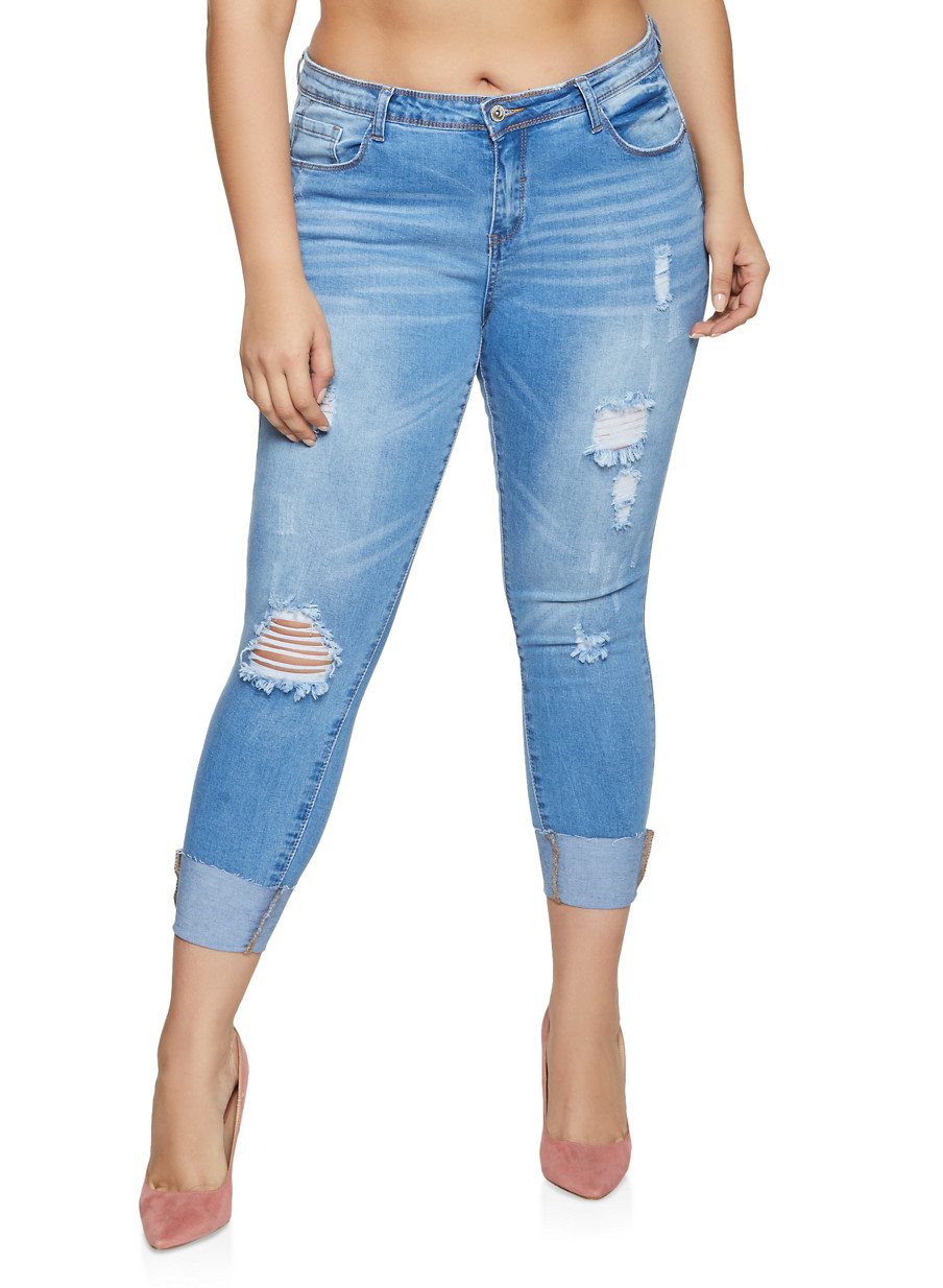 Plus Size WAX Push Up Raw Hem Skinny Jeans