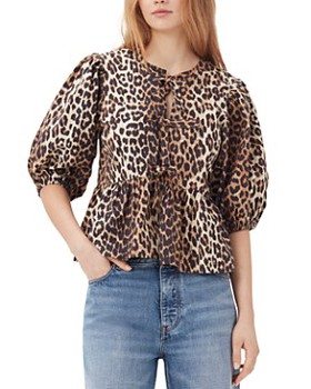 Ganni Leopard Tie Front Cotton Peplum Blouse