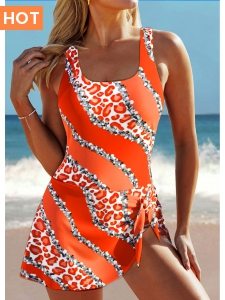 ROTITA Tie Orange Leopard One Piece Swimdress