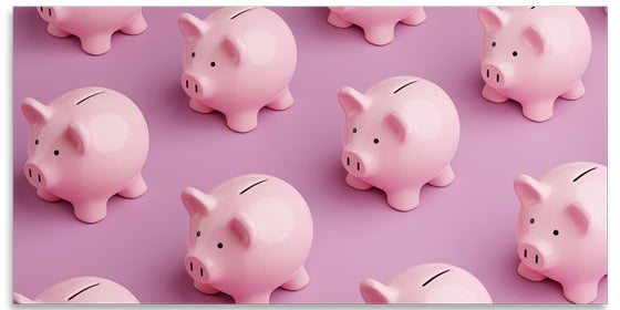 Repeating pattern of light pink piggy banks on a dark pink background.