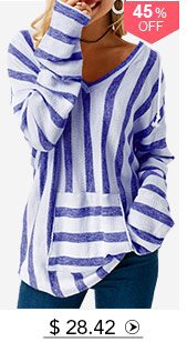 Pocket Long Sleeve Striped Hooded Collar T Shirt