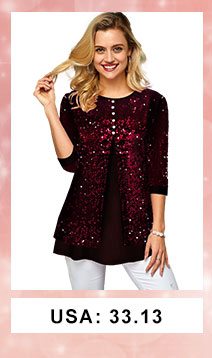 Sequin Panel Button Detail Wine Red T Shirt 
