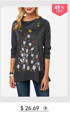 Button Embellished Penguin Print Long Sleeve Christmas T Shirt