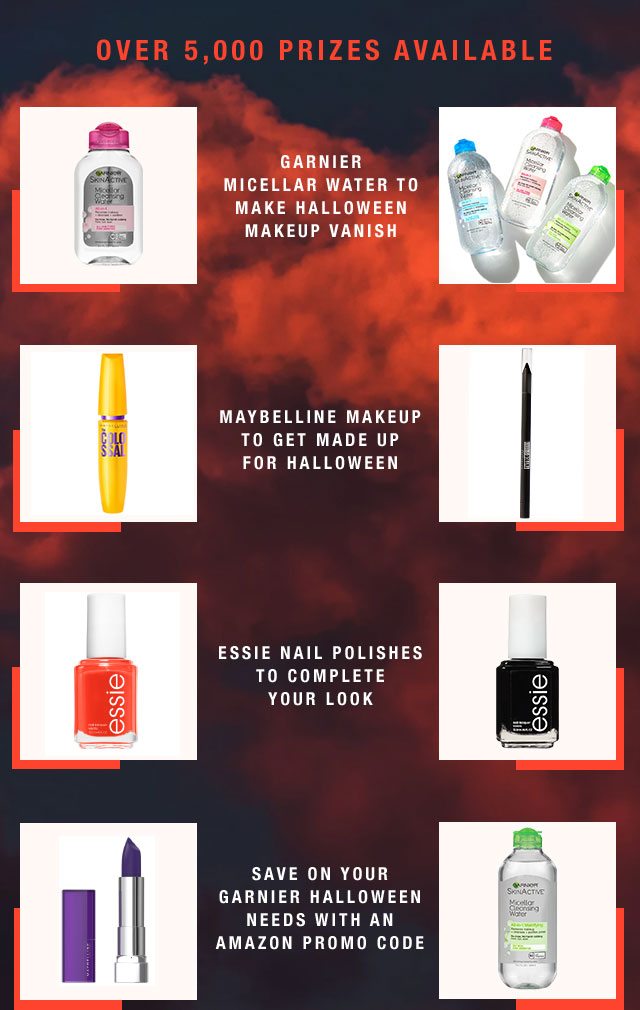 OVER 5,000 PRIZES AVAILABLE - GARNIER MICELLAR WATER TO MAKE HALLOWEEN MAKEUP VANISH - MAYBELLINE MAKEUP TO GET MADE UP FOR HALLOWEEN - ESSIE NAIL POLISHES TO COMPLETE YOUR LOOK - SAVE ON ALL YOUR GARNIER HALLOWEEN MAKEUP NEEDS WITH AN AMAZON PROMO CODE