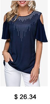 Round Neck Cold Shoulder Navy Blue T Shirt