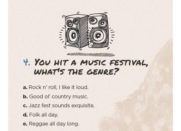 4. You hit a music festival, what's the genre? a. Rock n' roll, I like it loud. b. Good ol' country music. c. Jazz fest sounds exquisite. d. Folk all day. e. Reggae all day long.