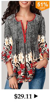 Button Up Pleated Printed Three Quarter Sleeve Blouse