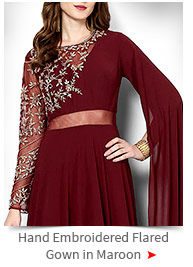 Hand Embroidered Georgette Flared Gown in Maroon