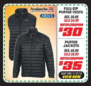 Avalanche Men's Full-Zip Puffer Vest or Puffer Jacket