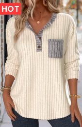 Beige Button Long Sleeve Split Neck Sweatshirt