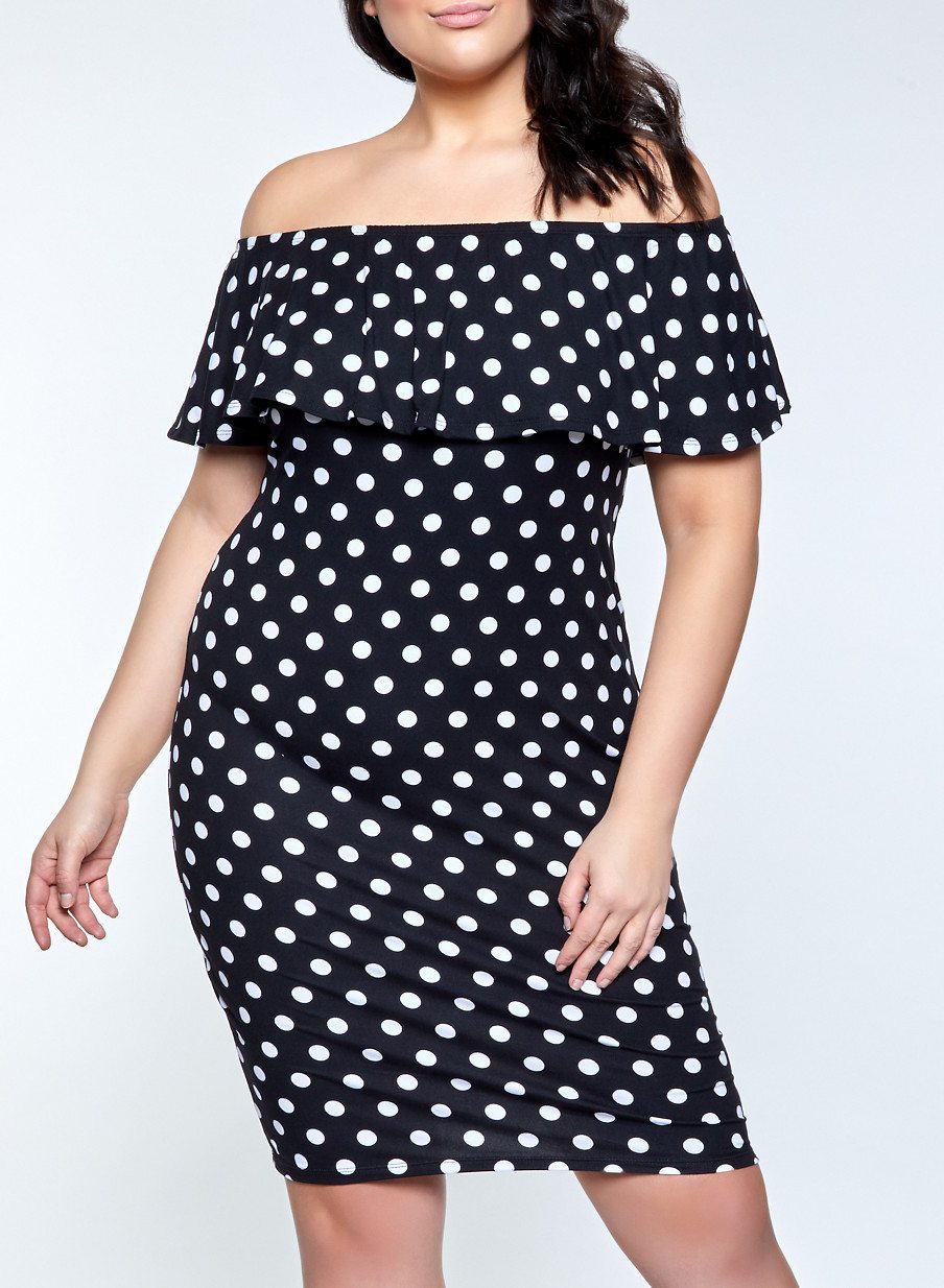 Plus Size Off the Shoulder Polka Dot Dress