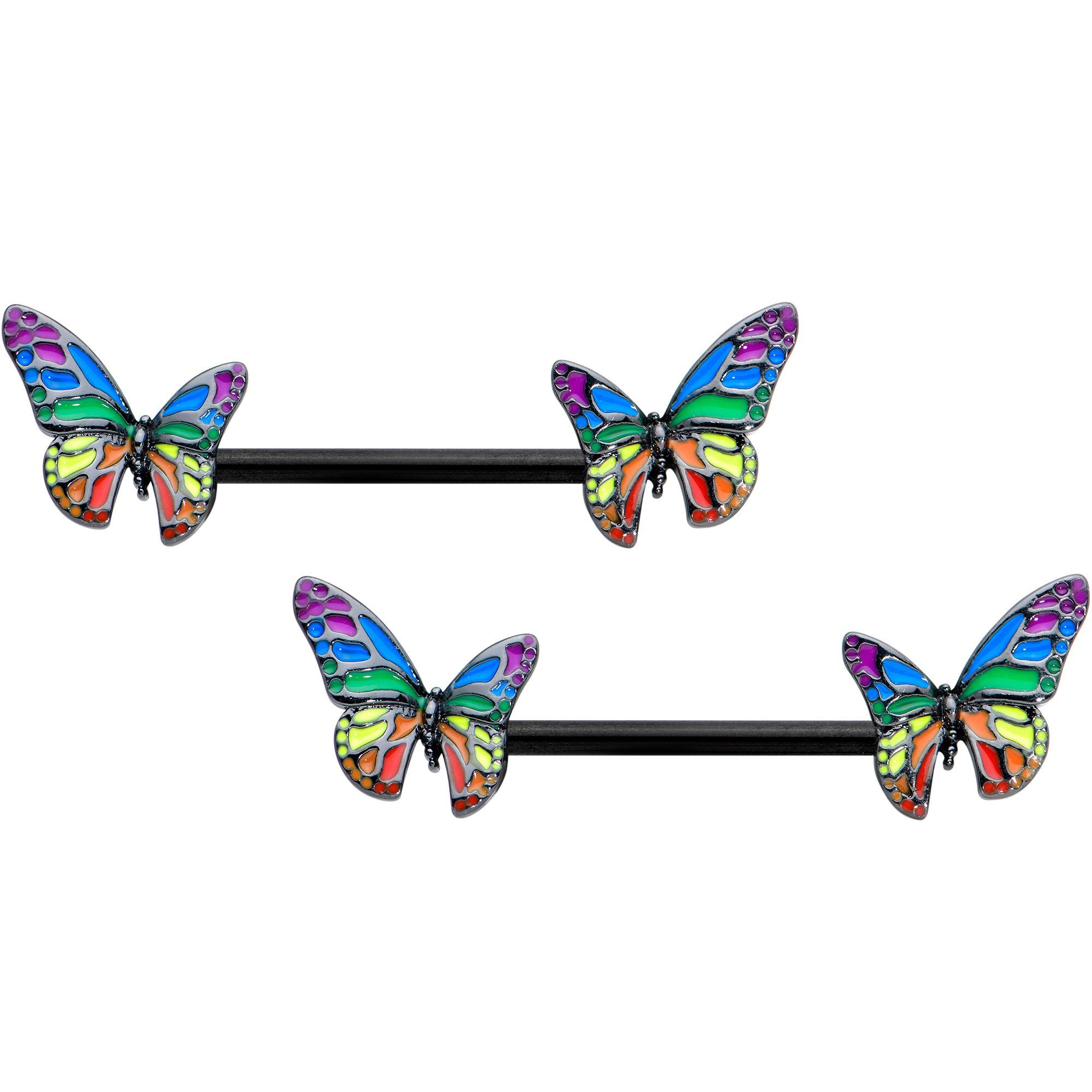 Image of 14 Gauge 9/16 Black Rainbow Pride Butterfly Barbell Nipple Ring Set