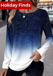 Blue Patchwork Ombre Long Sleeve Round Neck T Shirt