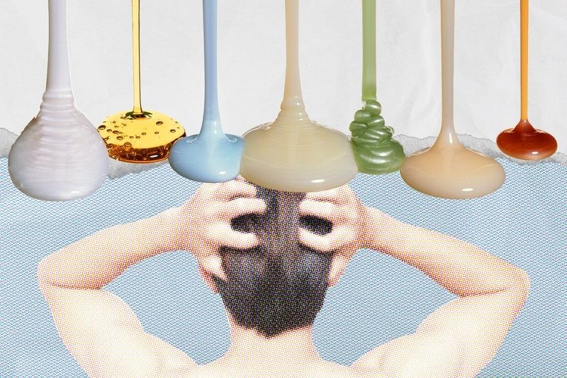 Shampoo pouring over man scratching scalp