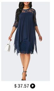 Three Quarter Sleeve Chiffon Overlay Navy Lace Dress