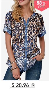 Split Neck Button Front Leopard Print Blouse