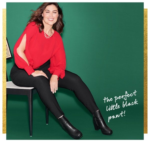 The perfect little black pant! Model wearing maurices clothing.