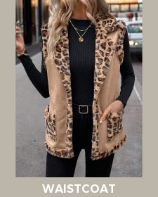 ROTITA Patchwork Leopard Light Coffee Turn Down Collar Sleeveless Waistcoat