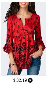 Pleated Button Detail Flare Sleeve Red Blouse