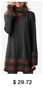 Plaid Cowl Neck Patchwork Dark Grey T Shirt