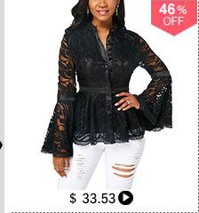 Flare Sleeve Button Front Black Lace Blouse