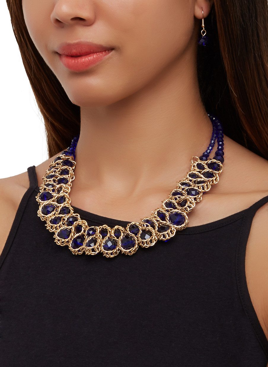 Chain Woven Bead Statement Necklace and Drop Earrings