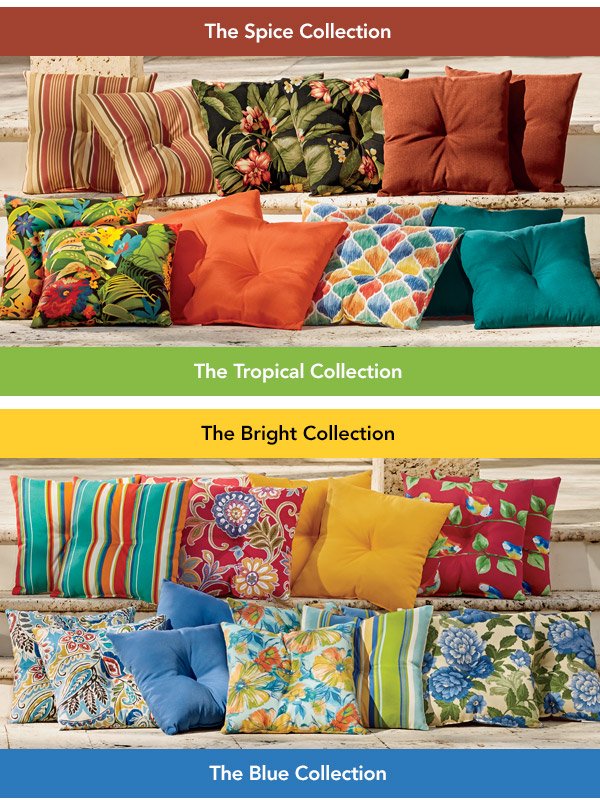 The Spice, Tropical, Bright and Blue Cushion Collections