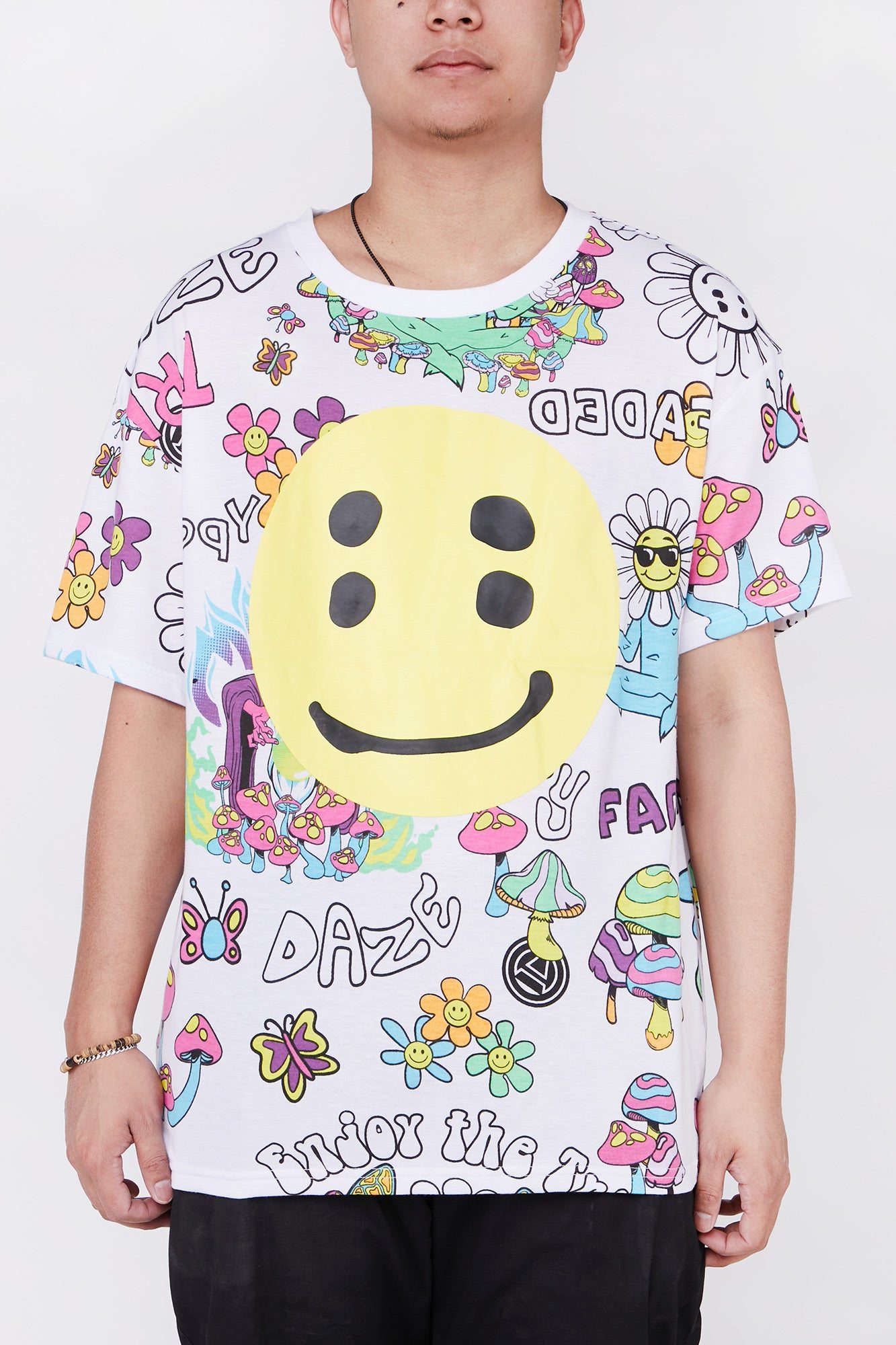 Image of Amnesia Allover Smiley Print Boxy T-Shirt