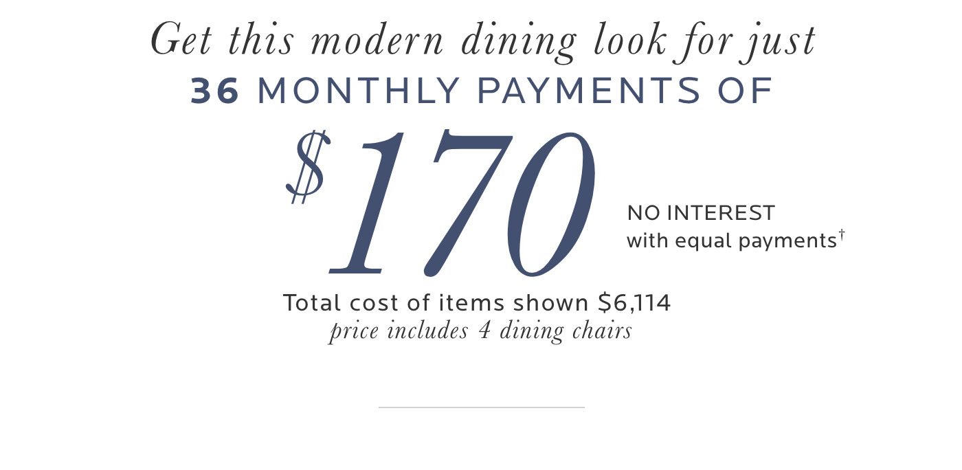 Get this great modern dining look for just 36 monthly payments of $210. No interest with equal payments.