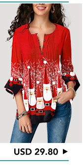 Crinkle Chest Flare Cuff Christmas Print Blouse 
