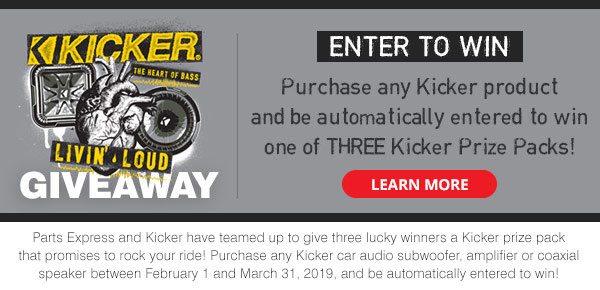Kicker Livin' Loud Giveaway -- Enter to Win -- Purchase any Kicker product and be automatically entered to win one of THREE Kicker Prize Packs! -- LEARN MORE -- Parts Express and Kicker have teamed up to give three lucky winners a Kicker prize pack that promises to rock your ride! Purchase any Kicker car audio subwoofer, amplifier or coaxial speaker between February 1 and March 31, 2019, and be automatically entered to win!