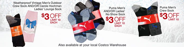 $3 OFF select socks from Puma, Weatherproof Vintage and Carole Hochman.