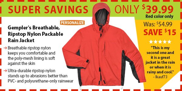 Gempler's Breathable, Ripstop Nylon PackableRain Jacket Only $39.99. Red color only