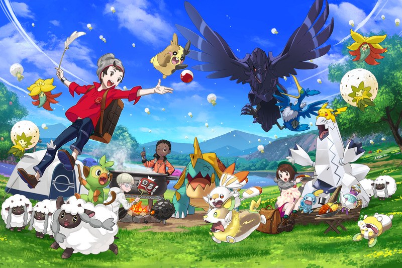 Artwork of a Pokémon trainer playing with their Pokémon