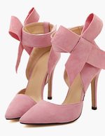Pink High Heels 2019 Women Suede Shoes Pointed Toe Bow Ankle Strap Heels