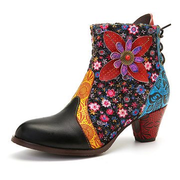 SOCOFY Retro Flower Leather Comfy Boots