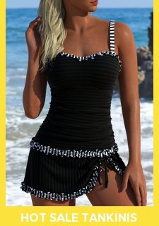 ROTITA Contrast Binding Black Striped Tankini Set