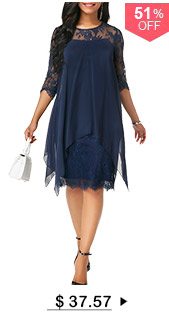 Three Quarter Sleeve Chiffon Overlay Navy Lace Dress