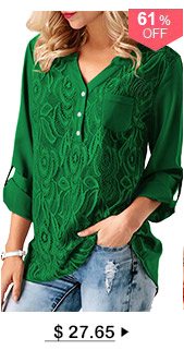 Green Roll Tab Sleeve Lace Panel Blouse