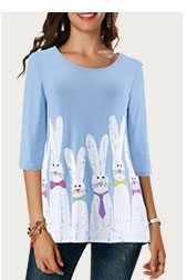 Rabbit Print Three Quarter Sleeve Light Blue Easter T Shirt