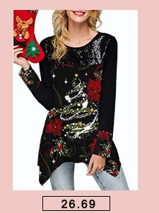 Christmas Print Asymmetric Hem Black T Shirt