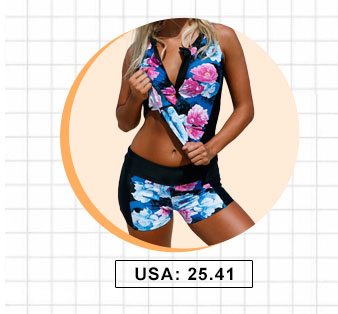 Flower Print Zipper Front Swimwear Top and Shorts