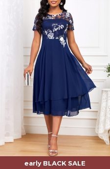 Embroidery Navy Short Sleeve Round Neck Dress