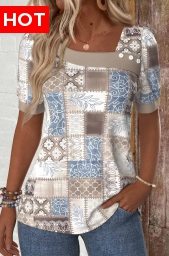 Light Coffee Patchwork Geometric Print Short Sleeve T Shirt