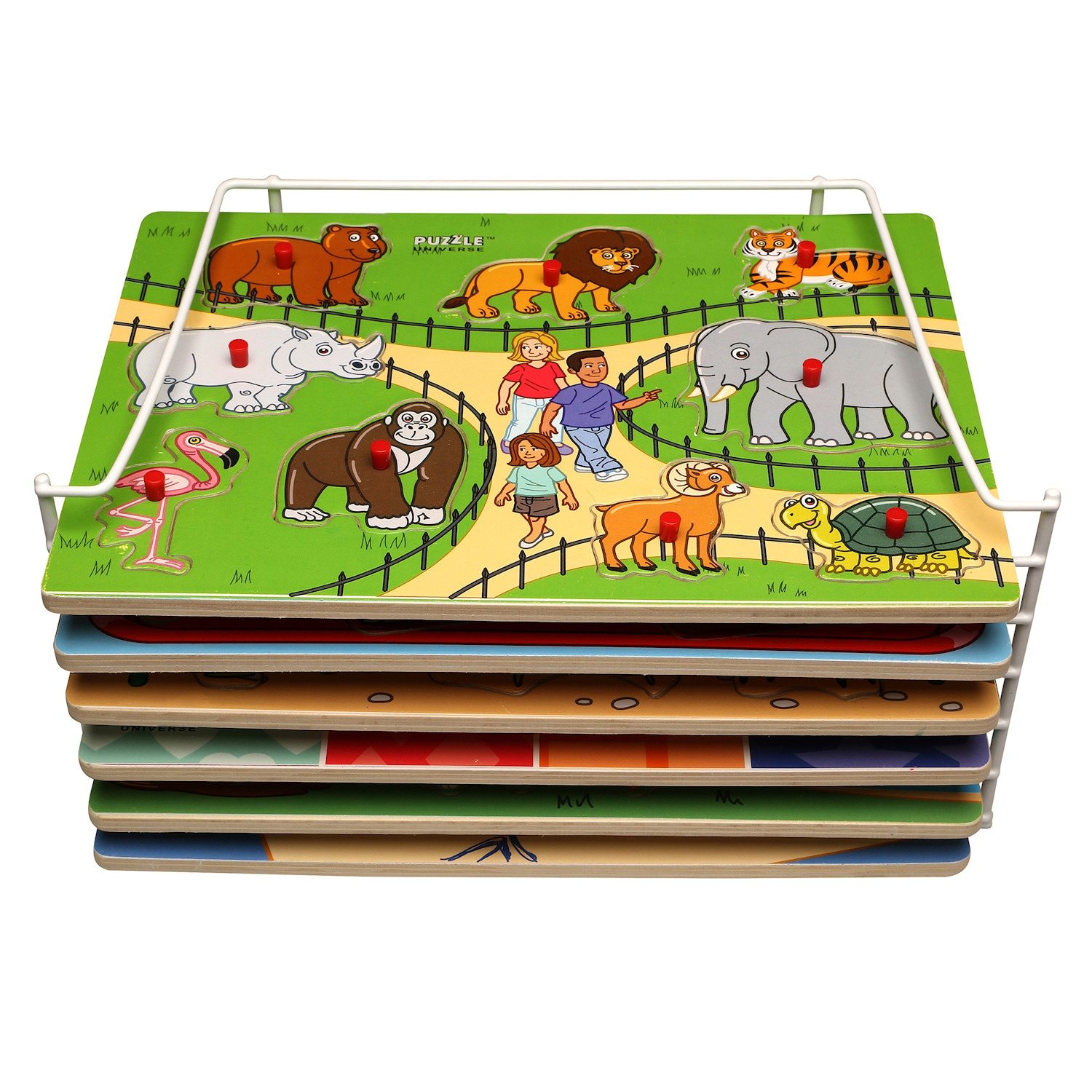 Wooden Peg Puzzles - Set of 6 (Zoo, Farm, Bugs, Shapes, Crayons, Food)