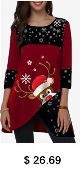 Asymmetric Hem Elk Print Christmas T Shirt