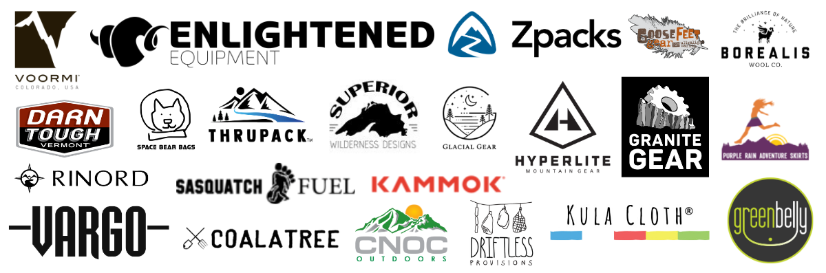 A bunch of logos you could win great prizes from: Enlightened Equipment, Hyperlite Mountain Gear, Zpacks, Granite Gear, Darn Tough Vermont, Kammok, Coalatree, Voormi, Kula Cloth, Thrupack, Superior Wilderness Designs, Goosefeet Gear, Purple Rain Adventure Skirts, CNOC, Vargo Outdoors, Greenbelly, Borealis Wool, Glacial Gear, Rinord, Space Bear Bags and Sasquatch Fuel.