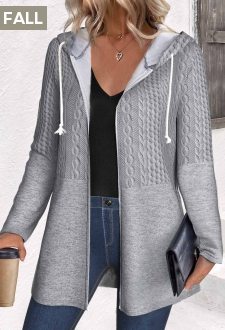 ROTITA Patchwork Grey Hooded Long Sleeve Coat