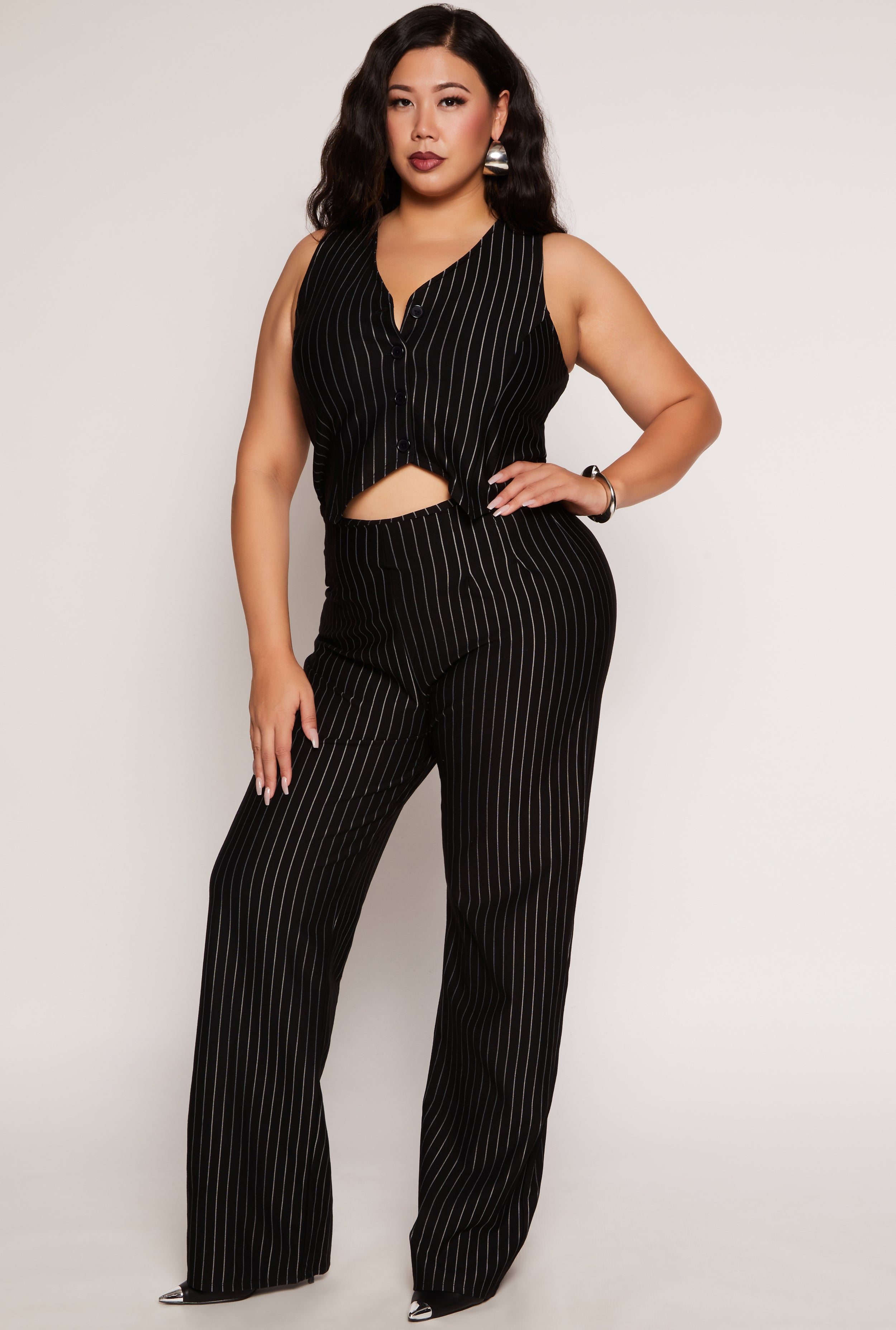 Plus Size Stretch Pinstripe Wide Leg Pants