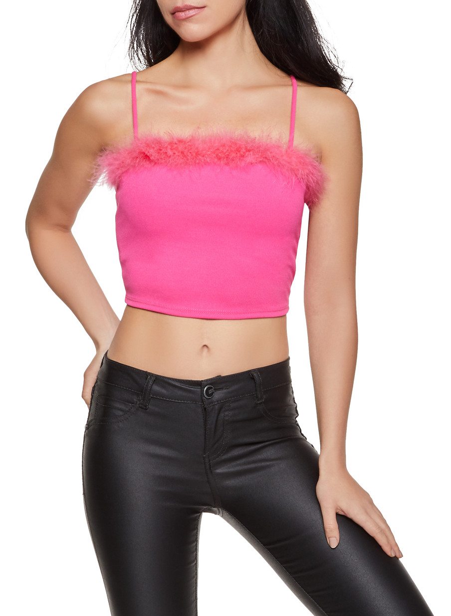 Feather Trim Cami Crop Top